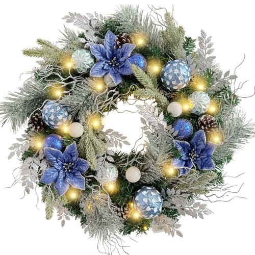 Wanna-CUL 24-Inch Pre-Lit Frozen Winter Christmas Wreath with Blue Poinsettia & Timer Lights - Silver Blue Variation