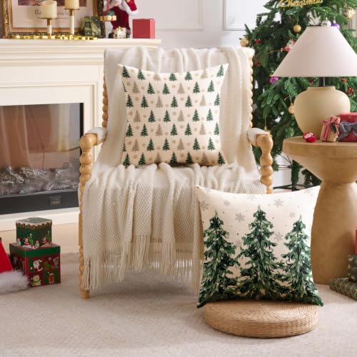 YOSICHY Christmas Pillow Covers 20x20 Set of 4 Green Linen Xmas Decor - Hidden Zipper