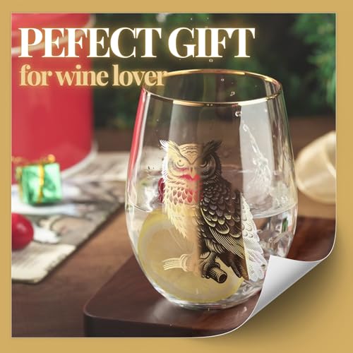 Onebttl 18oz Stemless Owl Wine Glass with Gold Details - Perfect Gift for Owl Lovers