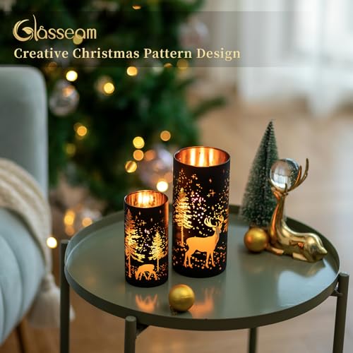 Glasseam Christmas 2-Pc Black Candle Holders Set for Pillar Candles with Moose Forest Pattern (Variation: Christmas)