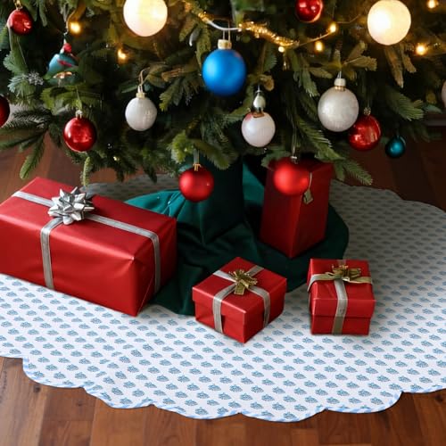 48-Inch Cotton Christmas Tree Skirt - Blue & White Floral Block Print