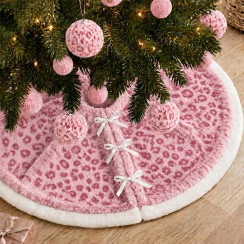Relaxgiant 48 Inch Pink Leopard Christmas Tree Skirt Faux Fur Holiday Decor