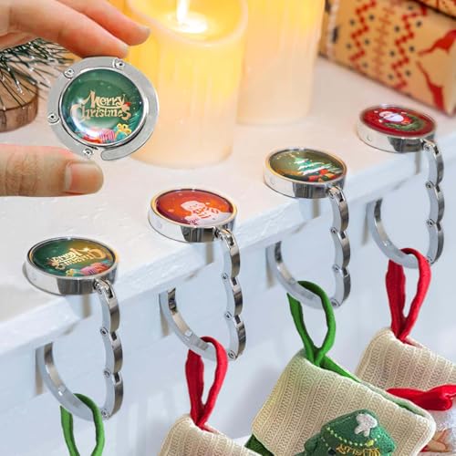 Set of 4 Foldable Christmas Stocking Holders for Mantle, Heavy Duty Metal Hooks