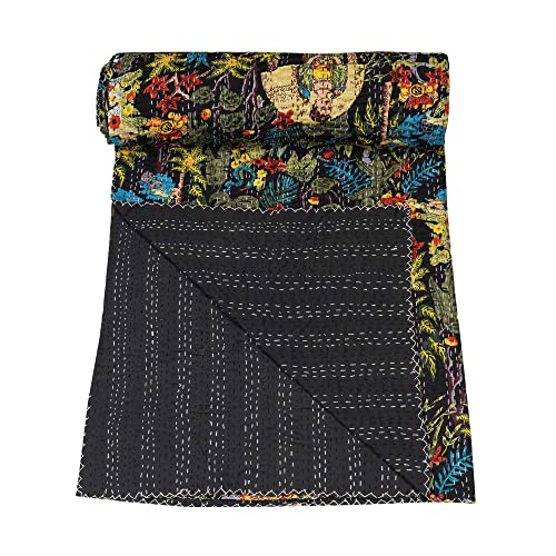 Traditional Kantha Quilt - Handcrafted Pure Cotton Bedspread (Black, Queen 90"x108")