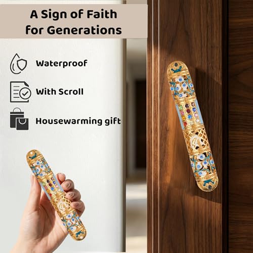 Decorative Enamel Mezuzah Case with Crystals and Gold Accents