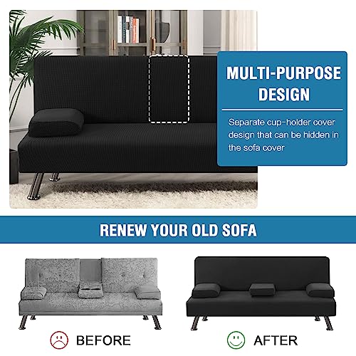 4-Piece Stretch Futon Slipcover Set with Armrests & Cupholders - Black