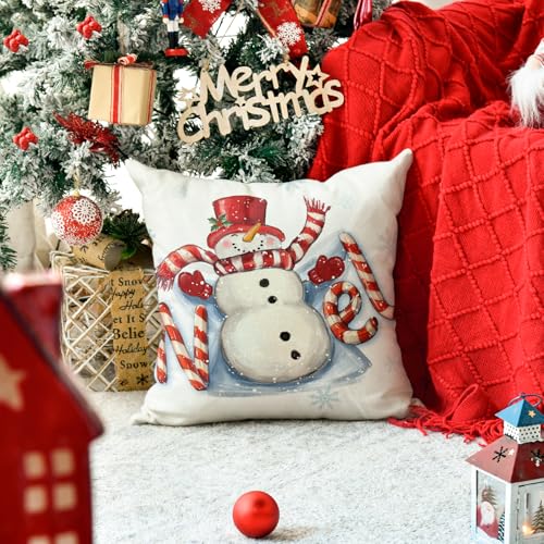 Red Christmas Snowman Candy Cane Throw Pillow Cover 18x18 Holiday Decor