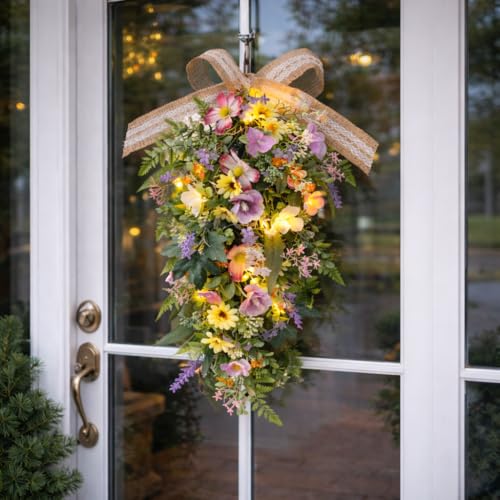 Artificial Floral Teardrop Swag with LED Lights for Front Door Decor