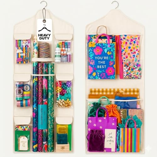 Double-Sided Wrapping Paper Organizer with Wooden Hanger and Pockets