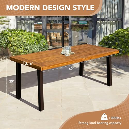 Solid Acacia Wood Dining Table for 6 - 69-inch Farmhouse Indoor Outdoor Table