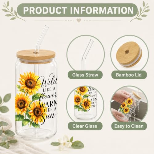 16oz Sunflower Glass Cups with Bamboo Lids and Straws, 6-Piece Set