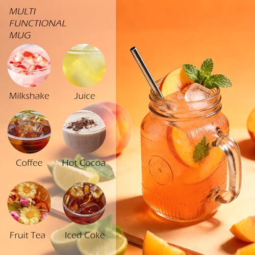 Encheng Silver Mason Jar Cups with Handle 16 oz, Vintage Glass Drinkware with Lids & Straws – Reusable Food Storage & Beverage Glasses, 12 Pack