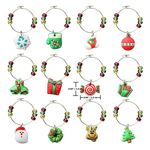CNYMANY 12 pcs Christmas Wine Glass Charms with Buckle Design – PVC Variants Gift Set