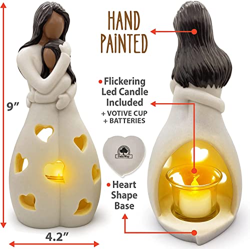 Mother and Daughter Hand-Painted Candle Holder Statue with LED Candle