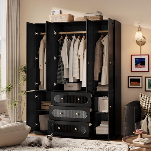 72" Freestanding 4-Door Wardrobe Armoire with 3 Drawers & Hanging Rods