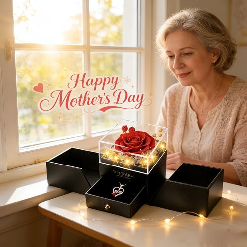 Red Preserved Real Rose with Heart Necklace - Mother's Day Gift Set
