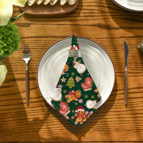 Horaldaily 18 x 18 Inch Gingerbread Napkins Set of 8 - Reusable Green Holiday Table Linen
