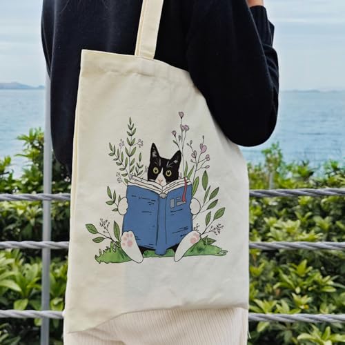 Dlzdn Cat Tote Bag - Cute Tuxedo Cat Print Reusable Grocery Beach Tote 14x16in