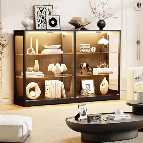 41.7" Glass Display Cabinet with LED Lights and Motion Sensor, Black