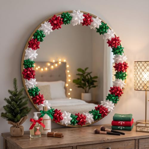 Christmas Mirror Bows Set 48 Pcs - Red, Green & White Self-Adhesive 2 Sizes