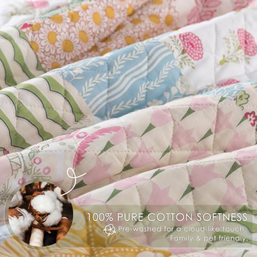 Palassio 100% Cotton Queen Quilt Set - Reversible Floral Bedspread & Shams