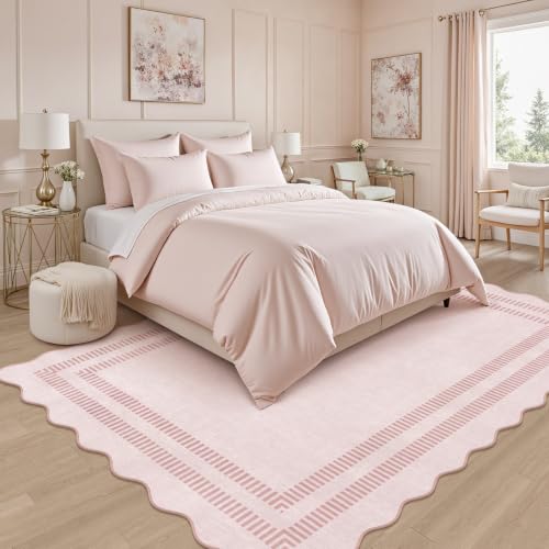 5x7 Washable Pink Area Rug, Non-Slip Scalloped Vintage Rug for Bedroom
