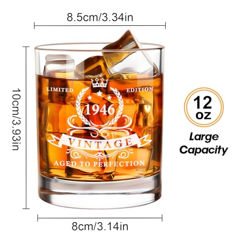 80th Birthday Whiskey Glass for Men 12oz 1946 Gift in Wooden Box - LIGHTEN LIFE 80th