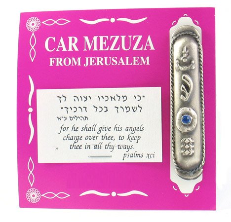 Silver Car Mezuzah with Blue Stone - Protective Jerusalem Ornament