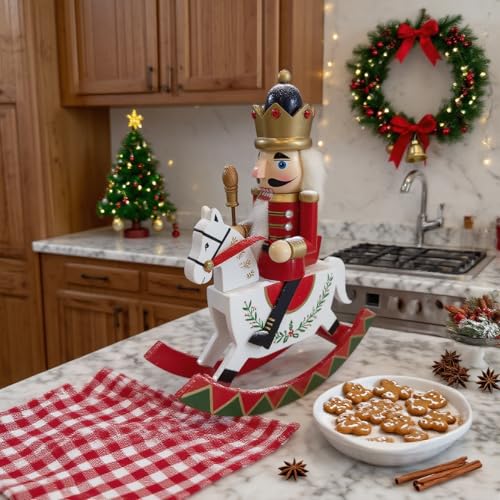 Hand-Painted Wooden Nutcracker Rocking Horse Soldier Figurine - Red, 10-Inch