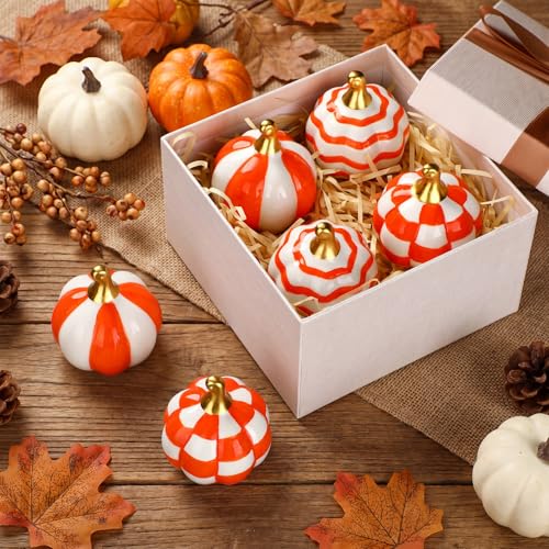 3-Piece Ceramic Pumpkin Set, Orange and White Checkered Fall Table Decor