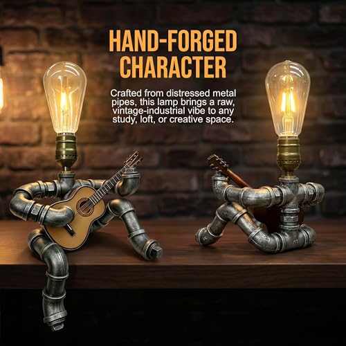 Silver-Gray Steampunk Guitar Pipe Robot Table Lamp with Wooden Guitar & Edison Bulb – Adjustable Industrial Water Pipe Desk Lamp – Music Lovers Gift