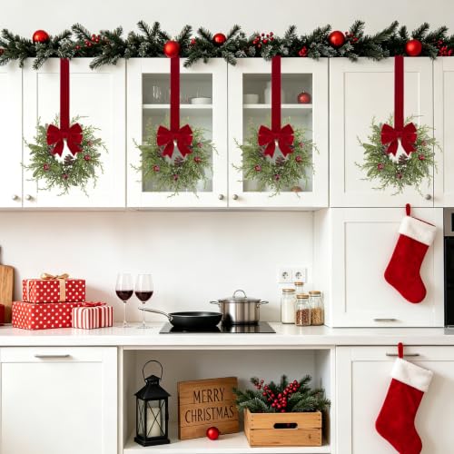 U'Artlines 6 Pcs Mini Christmas Wreaths for Kitchen Cabinets, Green Mistletoe Variant