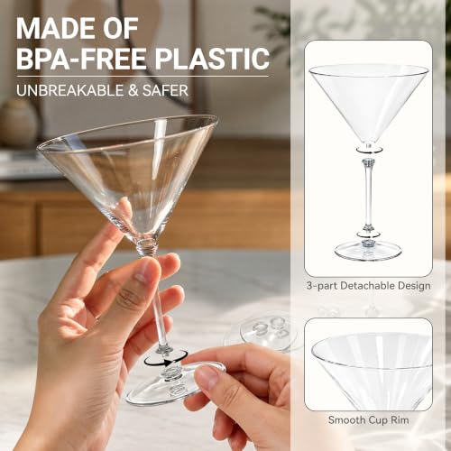 SDBALLBZ 12-Pack Clear 9 oz Plastic Martini Glasses Set - Reusable Cocktail Cups with Detachable Stem