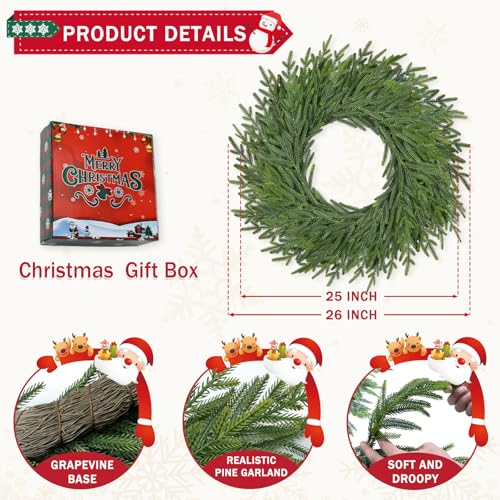 26-Inch Artificial Pine and Cedar Christmas Wreath for Front Door Decor