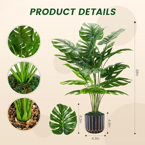 28-Inch Artificial Monstera Plant in Black & Gold Pot for Home Decor