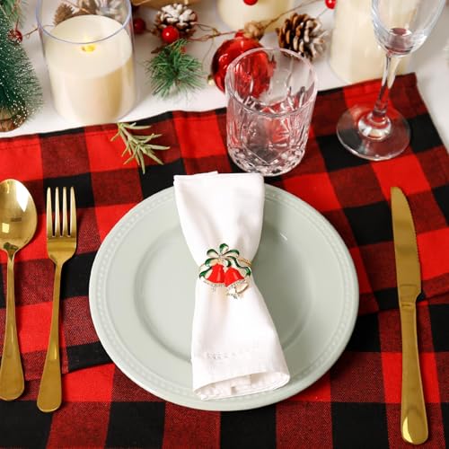 FEKIDO Christmas Jingle Bell Napkin Rings Set of 6 - Festive Red Metal with Green Ribbon for Holiday Table Decor