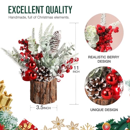 Hatisan Red Round Small Christmas Tree with Ornaments - Tabletop Indoor/Outdoor Decor