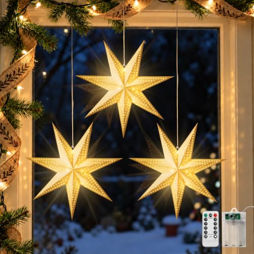 Luxspire 3 Pack C-17.7in Christmas Paper Star Lanterns with Lights, 8 Modes