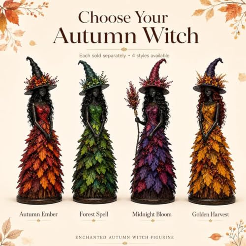 Autumn Witch Figurine - Fall Halloween Resin Tabletop Statue, Saffron