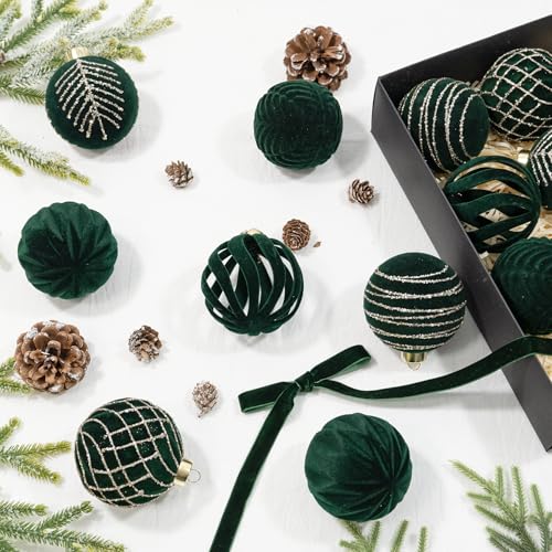 Hismir Dark Green Velvet Christmas Tree Ornaments Bulk 12 Pcs 3.15 Inch Flocked Balls