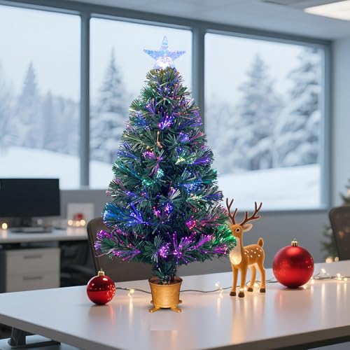 YUETJIN 32-Inch Green Pre-Lit Fiber Optic Christmas Tree with Transparent Variation