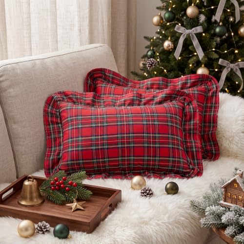 Irenare 2 Pack Christmas Tartan Pillow Covers 20x12in Red Ruffle Plaid Decor