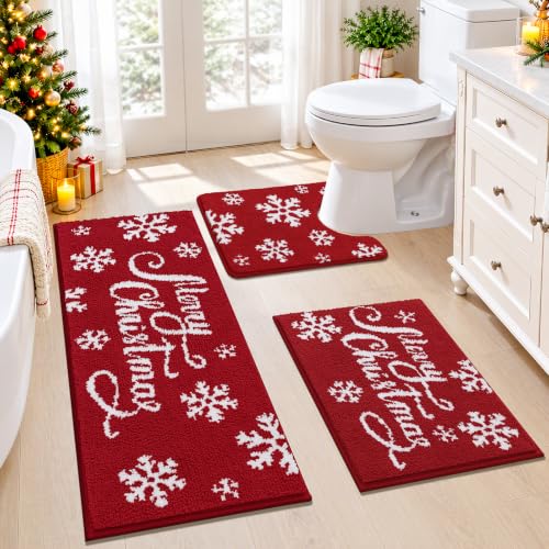 Christmas Snowflake 3-Piece Bath Rug Set with U-Shaped Mat, Non-Slip 18x26/18x48/20x24, Absorbent Soft Microfiber
