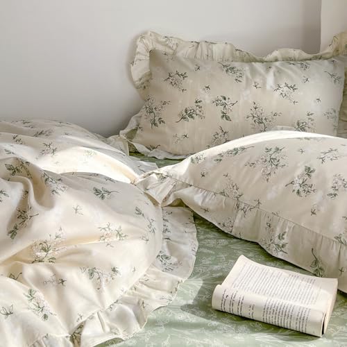Reversible Sage Green Floral Duvet Cover Set - 100% Cotton Queen Bedding with Ruffle Lace