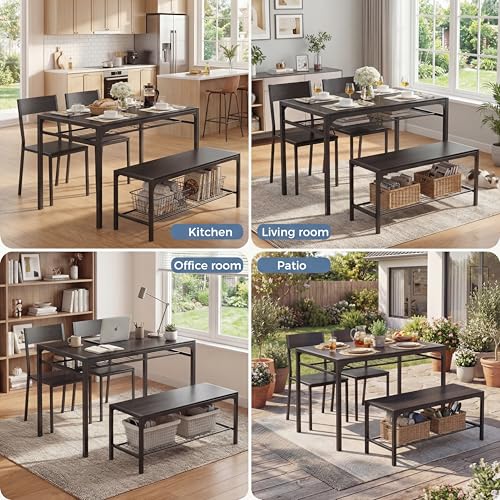 4-Piece Dining Table Set for 4 with Bench and Built-In Storage Racks - Black