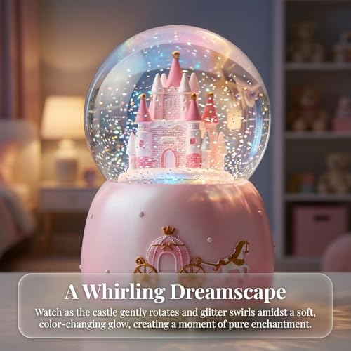 Rotating Castle Snow Globe Music Box with LED Lights and Melodies