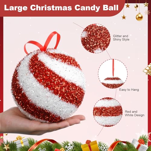 Chunful 6 Pc Jumbo 6 Inch Candy Christmas Ball Ornaments - Red & White, Glitter Tinsel