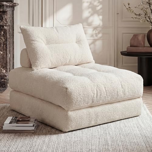 3-in-1 Folding Sofa Bed, Convertible Sleeper Chair in Beige Teddy Velvet