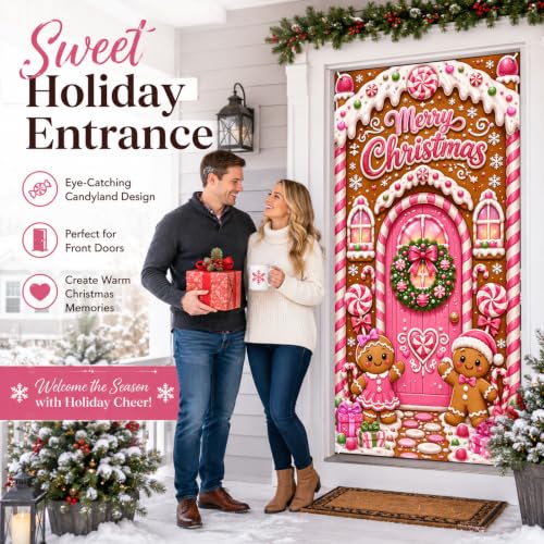 Pink Gingerbread Door Cover - 72x35 in Gingerbread Christmas Banner, Noravexil