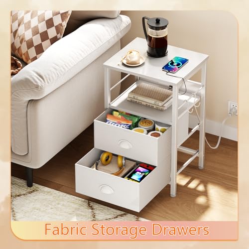 White End Table with Charging Station, 2 Fabric Drawers & USB Ports